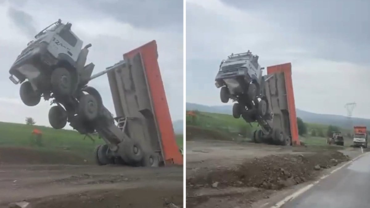 Tokat’ta moloz boşaltan kamyon havada asılı kaldı