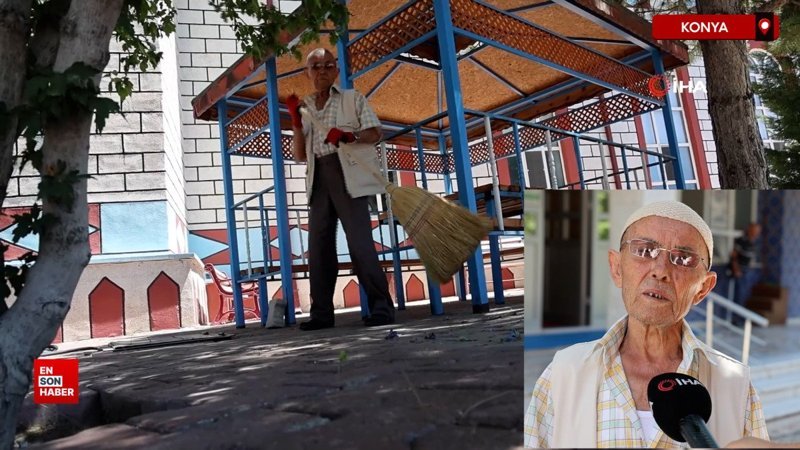 Konya’da kolunda platin bacağındaki protezle her gün cami temizliyor