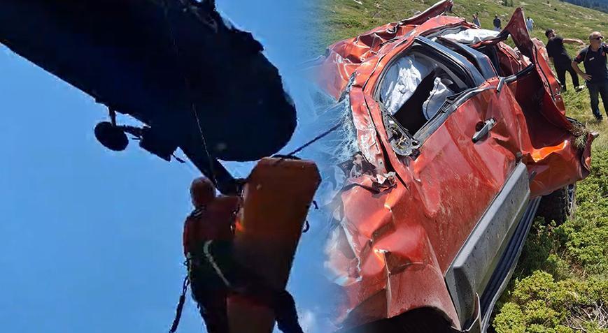 Zamanla yarış! Off-road aracı 100 metrelik uçuruma düştü, 2 kişi helikopterle alındı